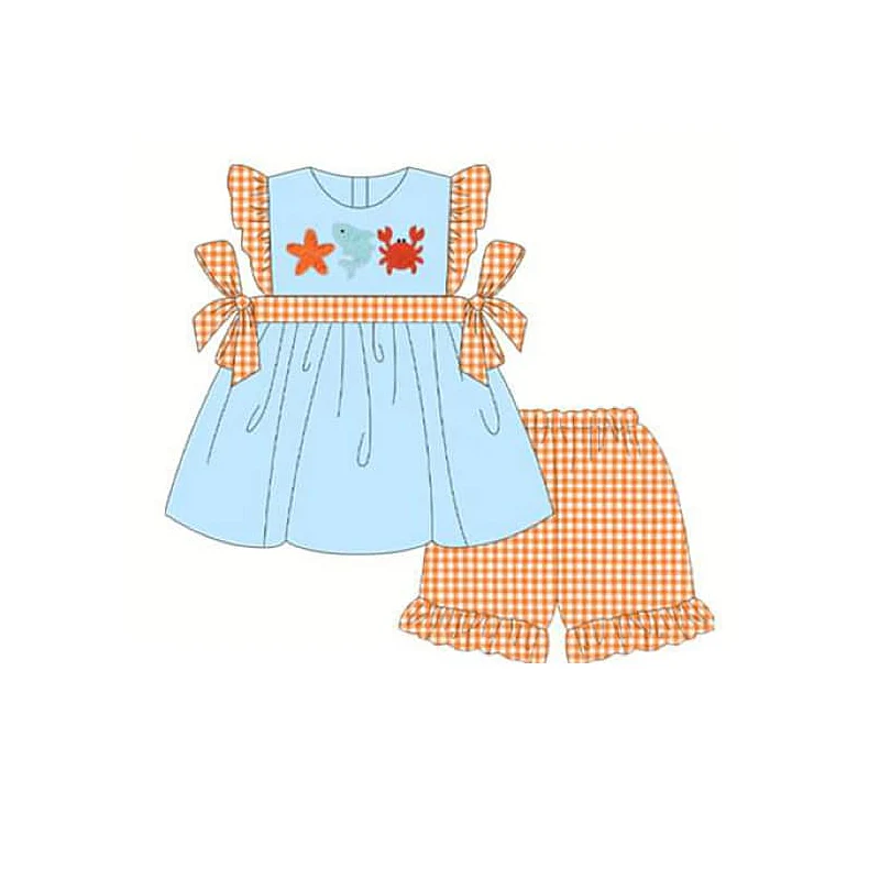 (Custom Design Preorder MOQ 5)  Fish Starfish Crab Tunic Top Plaid Shorts Girls Summer Clothes Set