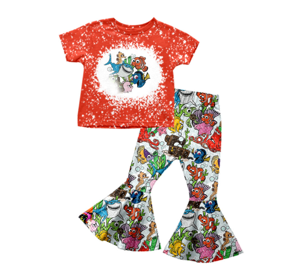 (Custom Design Preorder MOQ 5) Cartoon Fish Print Bell Pants Girls Clothes Set