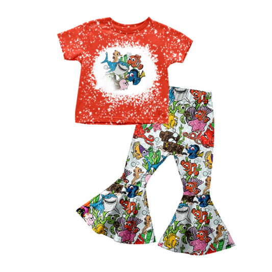 (Custom Design Preorder MOQ 5) Cartoon Fish Print Bell Pants Girls Clothes Set