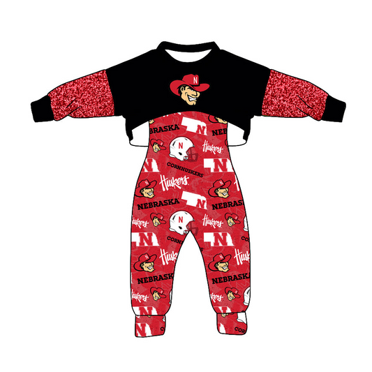 (Custom Design Preorder MOQ 5)Red N Football Team's Girls Jumpsuits Clothes Set