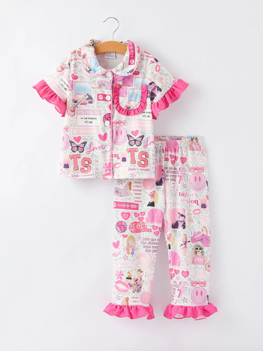 (Custom Design Preorder MOQ 5) Singer Swiftie Pink Print Girls Buttons Pajamas Clothes Set