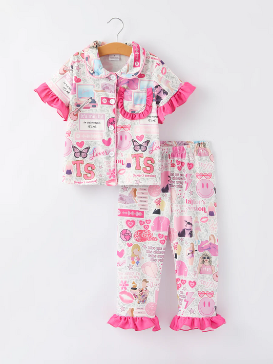 (Custom Design Preorder MOQ 5) Singer Swiftie Pink Print Girls Buttons Pajamas Clothes Set