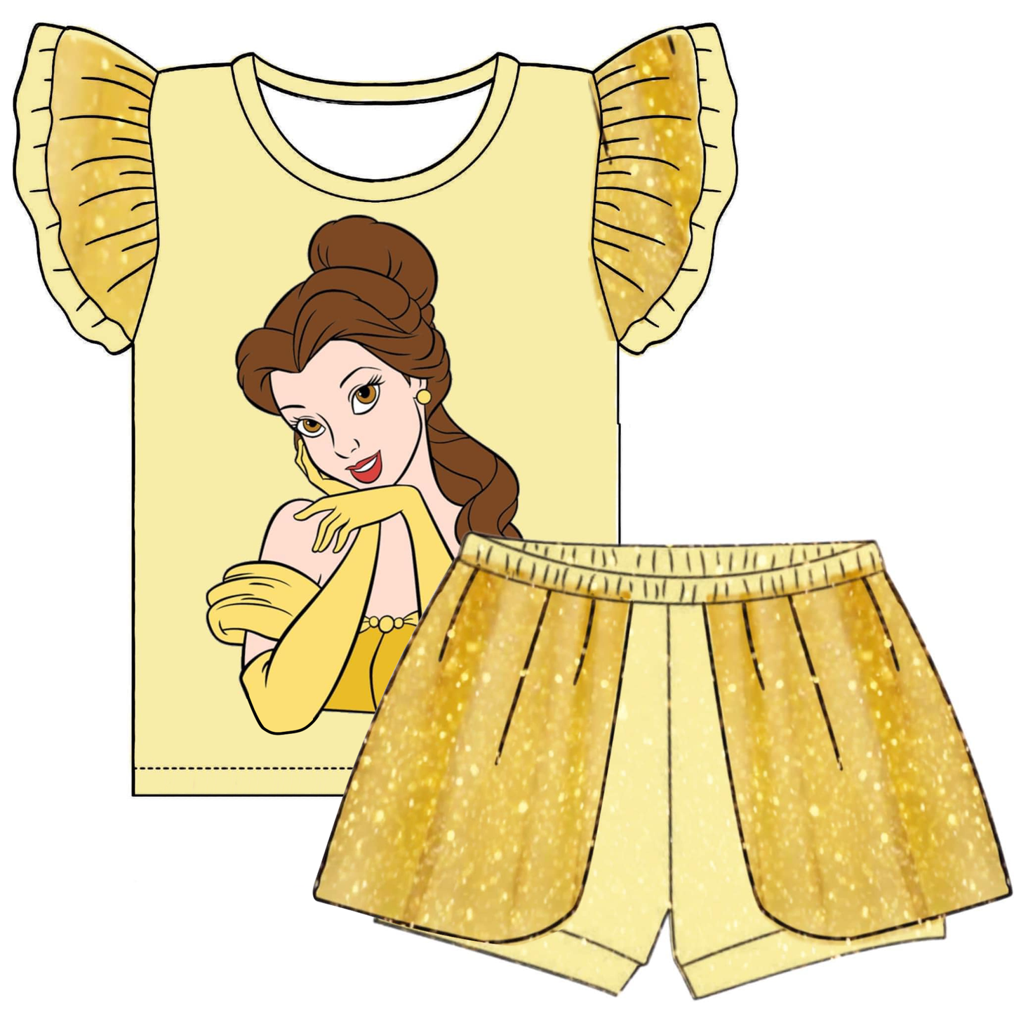 (Custom Design Preorder MOQ 5)  Cartoon Princess Yellow Print Girls Summer Clothes Set