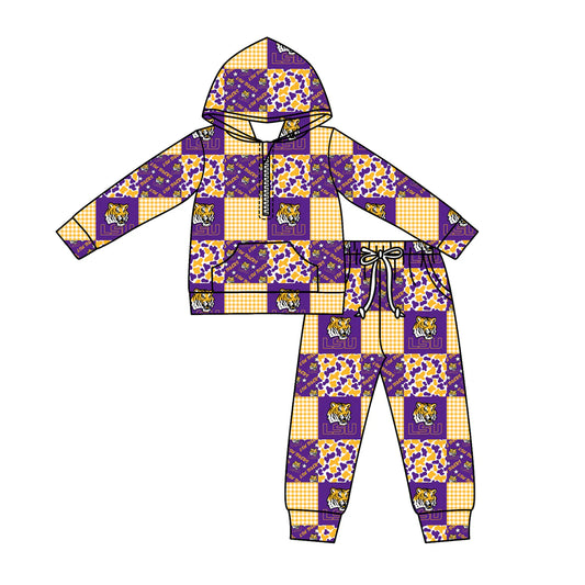 (Custom Design Preorder MOQ 5) Team's LSU Tigers Plaid Print Zipper Hoodie Top Pockets Pants Kids Fall Clothes Set