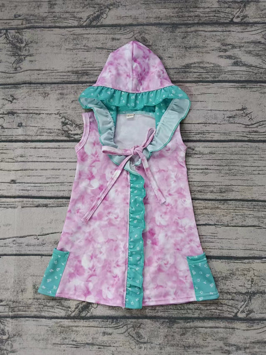 (Custom Design Preorder MOQ 5)  Pink Tie-dye Print Girls Hooded Swimming Coverup