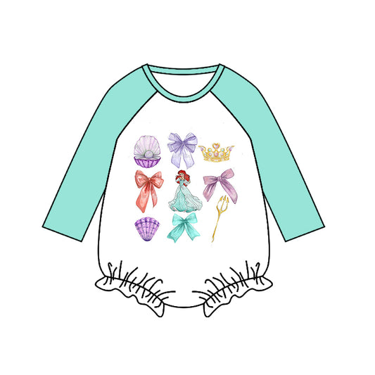 (Custom Design Preorder MOQ 5) Cartoon Princess Green Print Baby Girls Romper