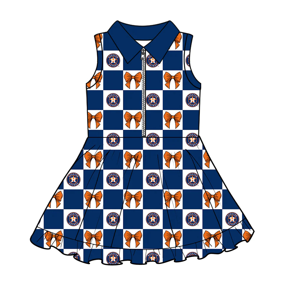 (Custom Design Preorder MOQ 5 Each Color) Team's Houston Astros Bows Plaid Print Girls Summer Clothes Sisters Matching Wear