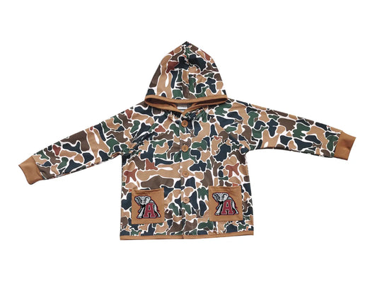 (Custom Design Preorder MOQ 5 Each Item) Team's Alabama Brown Camo Print Pockets Buttons Kids Fall Hoodie Jackets Top Mom and Me Matching Clothes