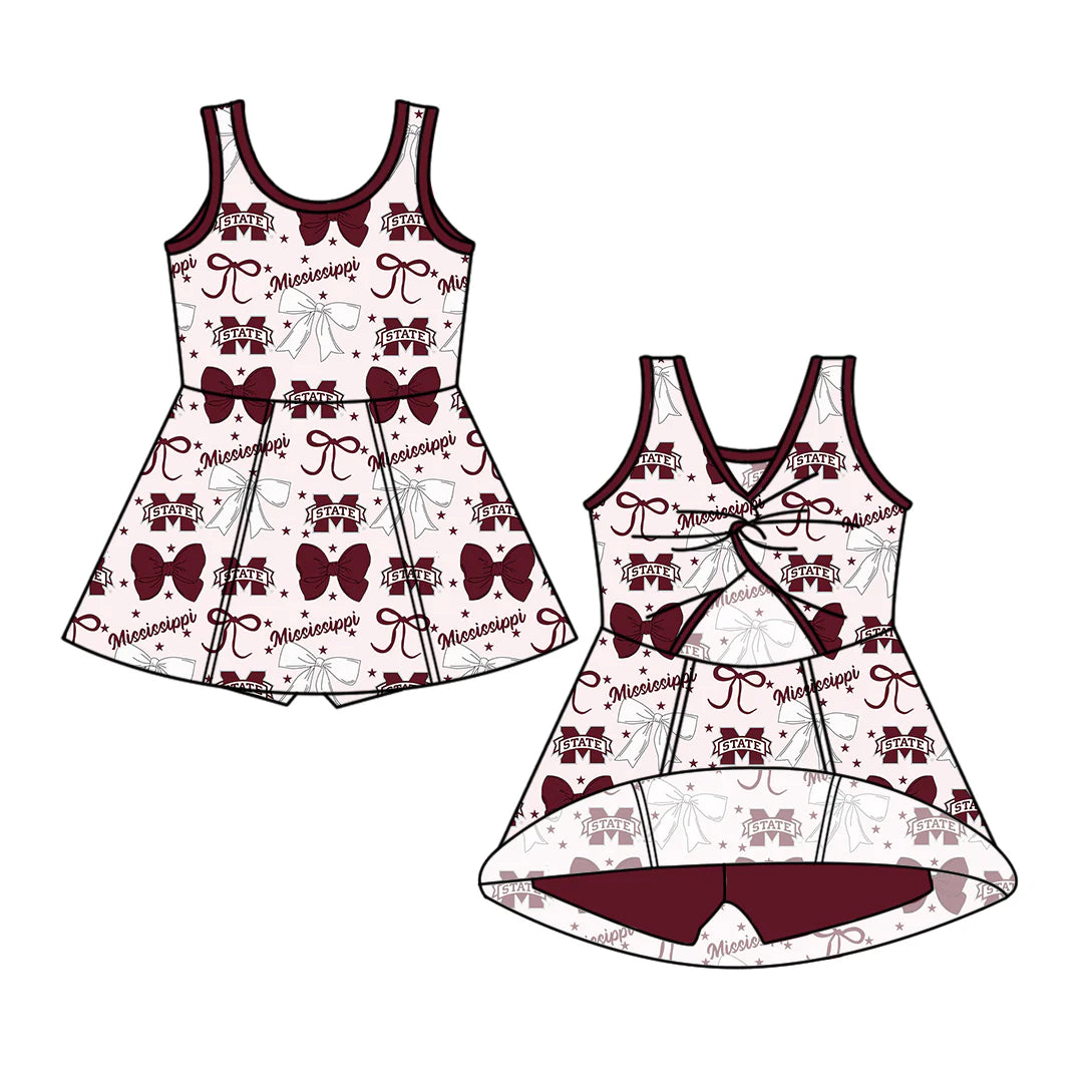 (Custom Design Preorder MOQ 5) Team's Mississippi Bows Print Backless Top Shorts Skirts Girls Summer Yoga Dress