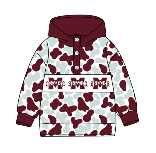 (Custom Design Preorder MOQ 5) Team's Mississippi State Camo Print Kids Long Sleeve Buttons Hoodie Top