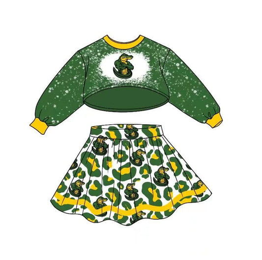 (Custom Design MOQ 5) Green Long Sleeve Top Leopard Skirts Girls Football Team's Clothes Set