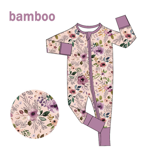(Custom Design Preorder MOQ 20) Purple Flowers Print Baby Girls Long Sleeve Bamboo Sleeper Zipper Romper