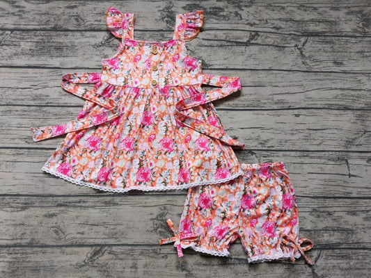 (Custom Design Preorder MOQ 5) Flowers Print Girls Summer Clothes Set