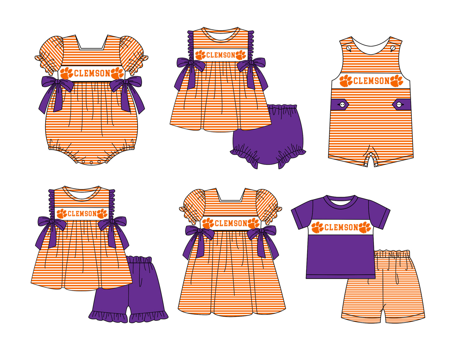 (Custom Design Preorder MOQ 5 Each Item) Team's Clemson Tigers Print Kids Summer Matching Clothes Sibling Wear