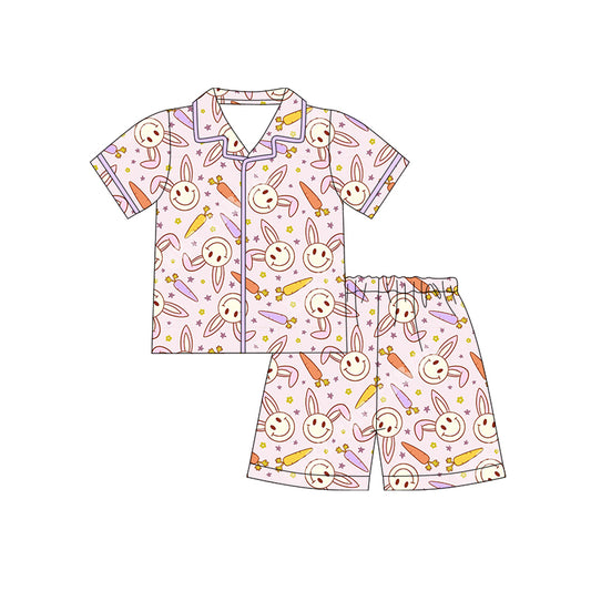 12.10 (Custom Design Preorder MOQ 5) Bunny Carrot Print Girls Easter Buttons Pajamas Clothes Set