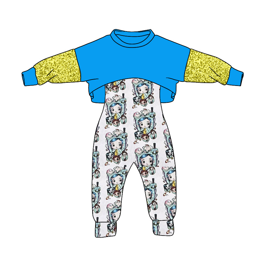 (Custom Design MOQ 5) Blue Top Cartoon Coraline White Jumpsuit Girls Halloween Clothes Set