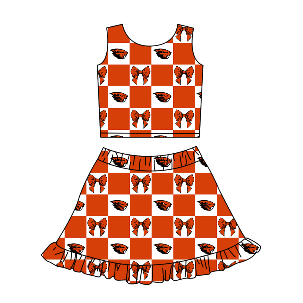 (Custom Design Preorder MOQ 5 Each Color) Team's Oregon State Beavers Bows Plaid Print Girls Summer Clothes Sisters Matching Wear