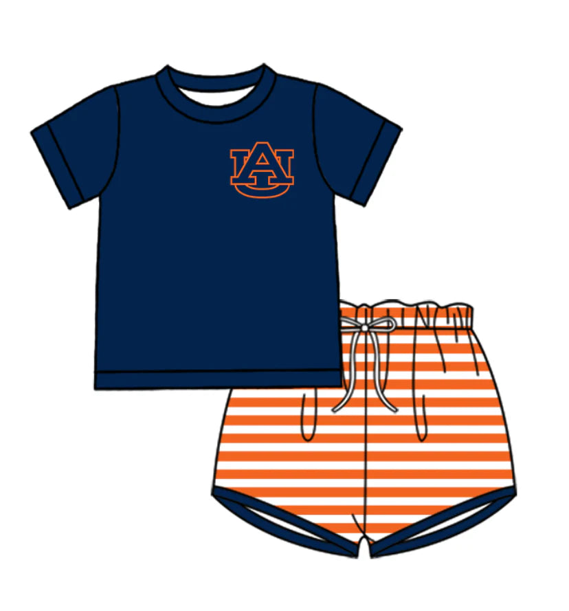 (Custom Design Preorder MOQ 5 Each Design) Team's Auburn Stripes Print Boys Summer Matching Clothes Brothers Wear
