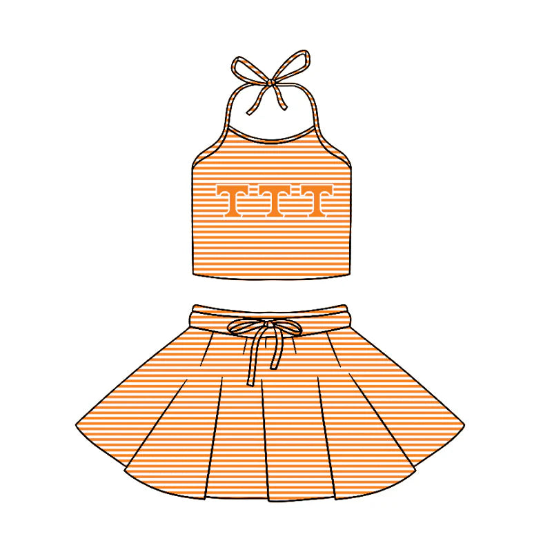 (Custom Design Preorder MOQ 5)  Team's Tennessee Stripes Halter Top Skirts Girls Summer Clothes Set