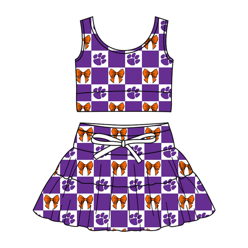 (Custom Design Preorder MOQ 5 Each Color) Team's Purple Paw Bows Plaid Print Girls Summer Clothes Sisters Matching Wear