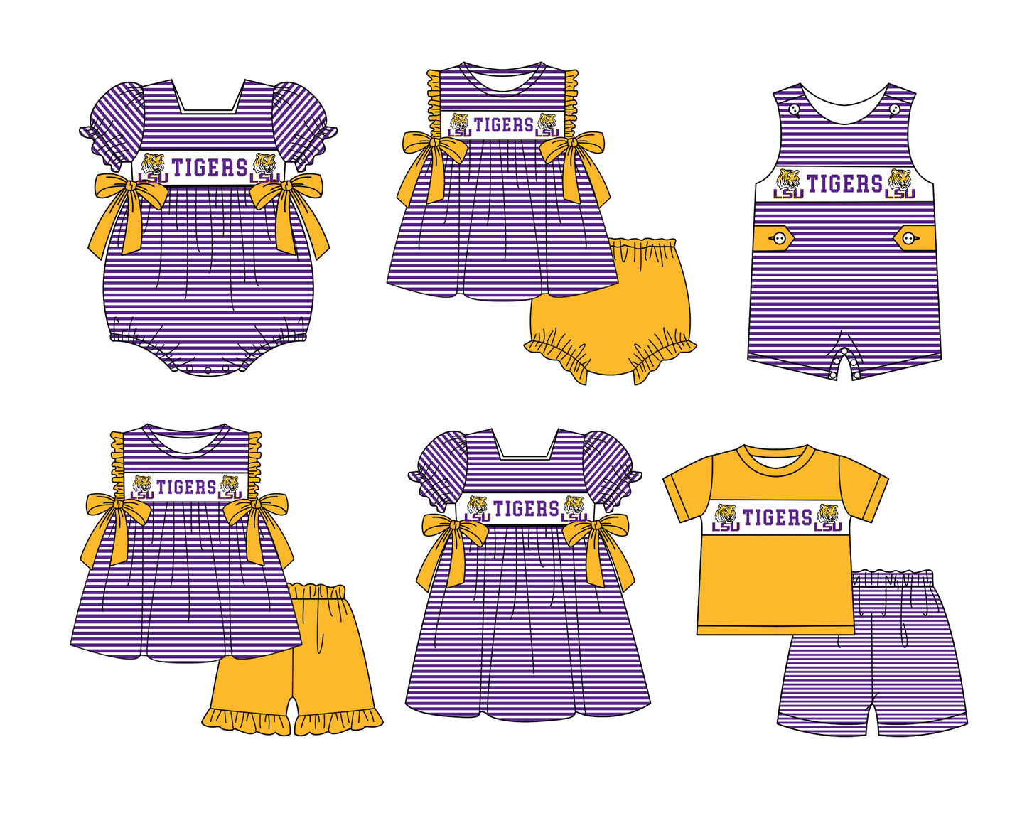 (Custom Design Preorder MOQ 5 Each Item) Team's LSU Tigers Print Kids Summer Matching Clothes Sibling Wear