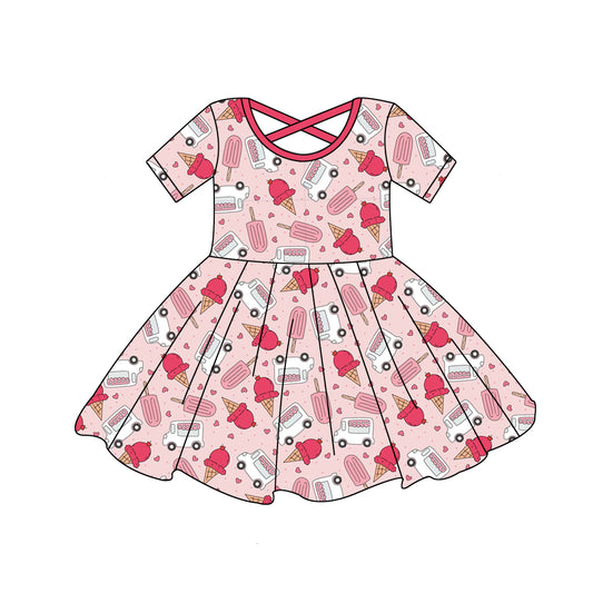 (Custom Design Preorder MOQ 5)Love Sweet Ice-lolly Truck Print Girls Valentine's Knee Length Dress