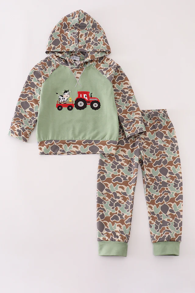 (Custom Design Preorder MOQ 5) Tractors Animals Hoodie Top Green Camo Pants Boys Fall Clothes Set