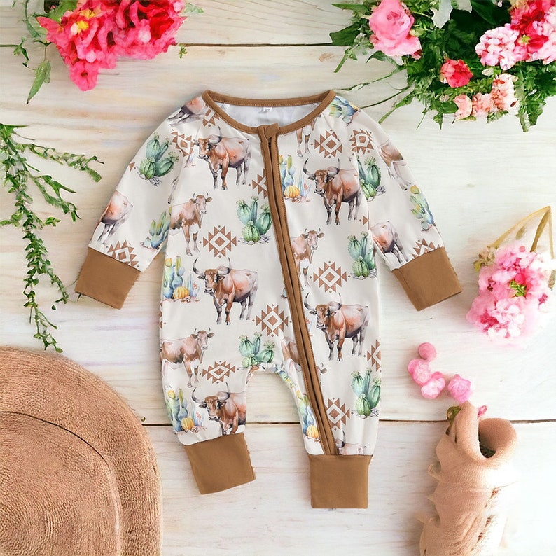 (Custom Design Preorder MOQ 5) Cows Cactus Aztec Print Baby Western Sleeper Fall Zipper Romper