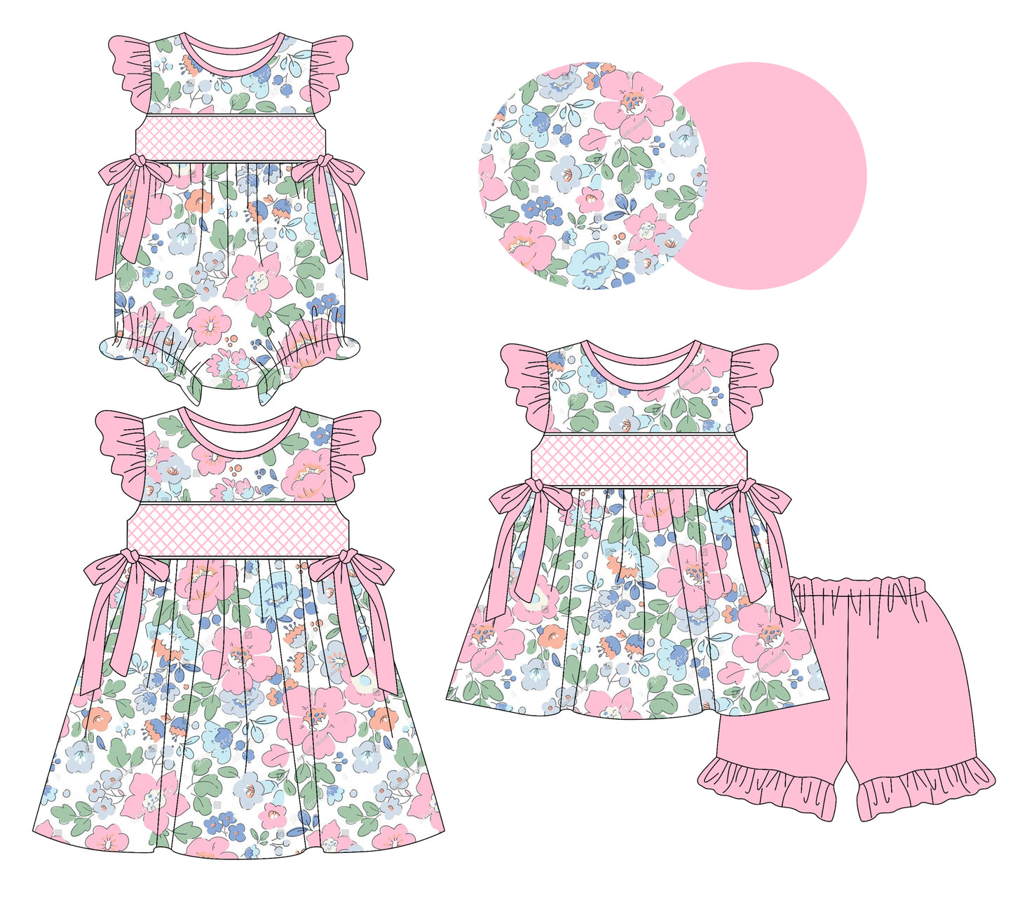 3.10(Custom Design Preorder MOQ 5 Each Design) Pink Flowers Print Girls Summer Matching Clothes Sisters Wear
