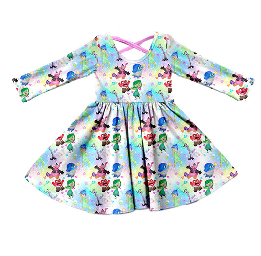 (Custom Design Preorder MOQ 5) Cartoon Figure Inside Out Tie-dye Print Girls Knee Length Dress