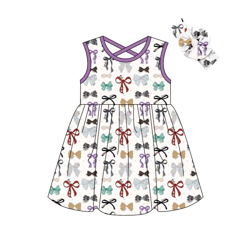 (Custom Design Preorder MOQ 5) Colorful Bows Print Girls Summer Knee Length Dress