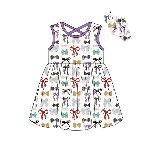 (Custom Design Preorder MOQ 5) Colorful Bows Print Girls Summer Knee Length Dress