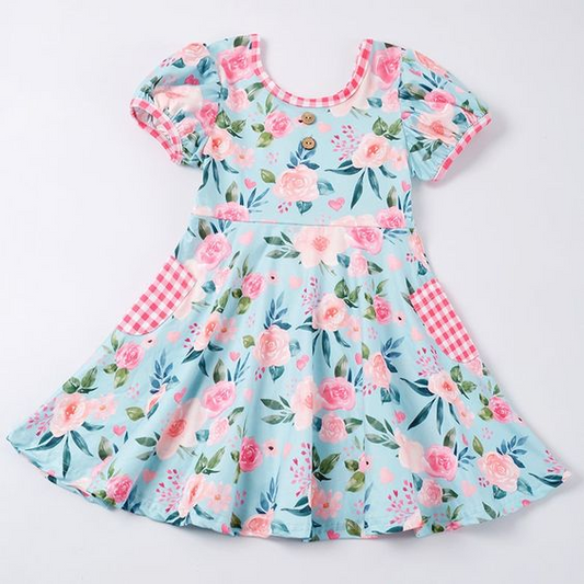 (Custom Design Preorder MOQ 5)  Flowers Print Pockets Girls Knee Length Summer Dress