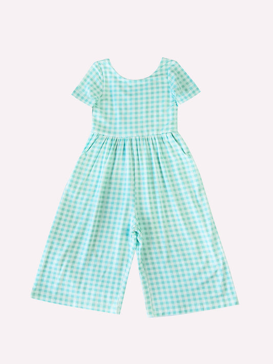 (Custom Design Preorder MOQ 5) Blue Plaid Print Pockets Girls Swoop Back Short Sleeve Leggy Jumpsuits