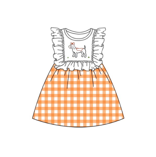 (Custom Design Preorder MOQ 5) Dog Orange Plaid Print Girls Knee Length Summer Dress