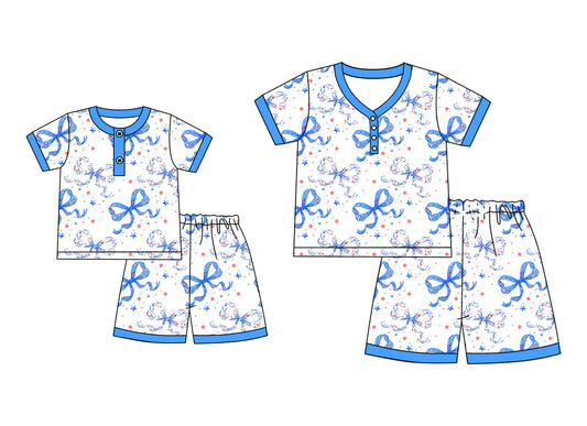 5.22(Custom Design Preorder MOQ 5 Each Design) Stars Bows Print 4th of July Pajamas Sets Mom and Me Summer Matching Clothes