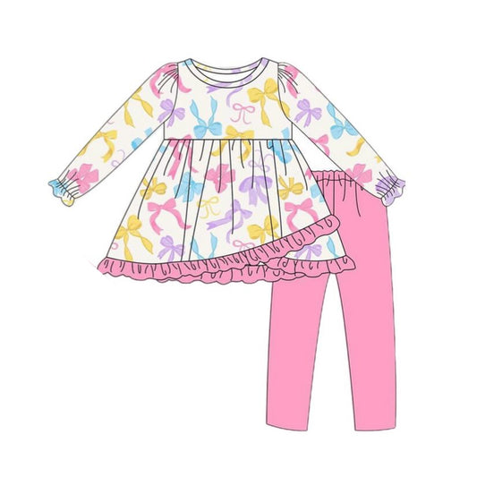 (Custom Design Preorder MOQ 5) Colorful Bows Tunic Top Pink Pants Girls Fall Clothes Set