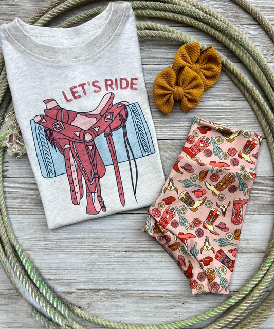 (Custom Design Preorder MOQ 5) lET'S RIDE Top Boots Hat Shorts Baby Girls Summer Western Bummie Set