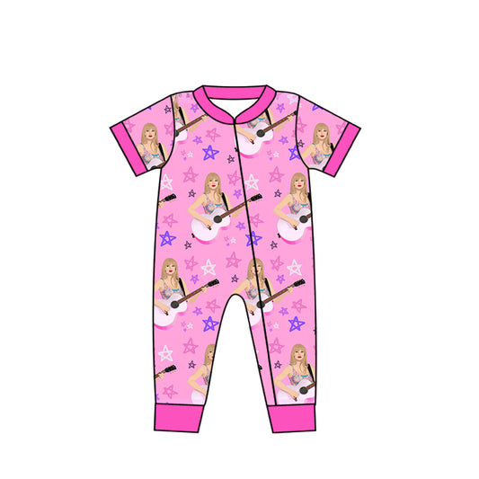 (Custom Design MOQ 5)NO.2  Pink Singer Design Baby Sleeper Zipper Romper