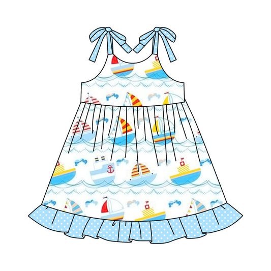 (Custom Design Preorder MOQ 5) Blue Sailboat Print Girls Knee Length Summer Dress