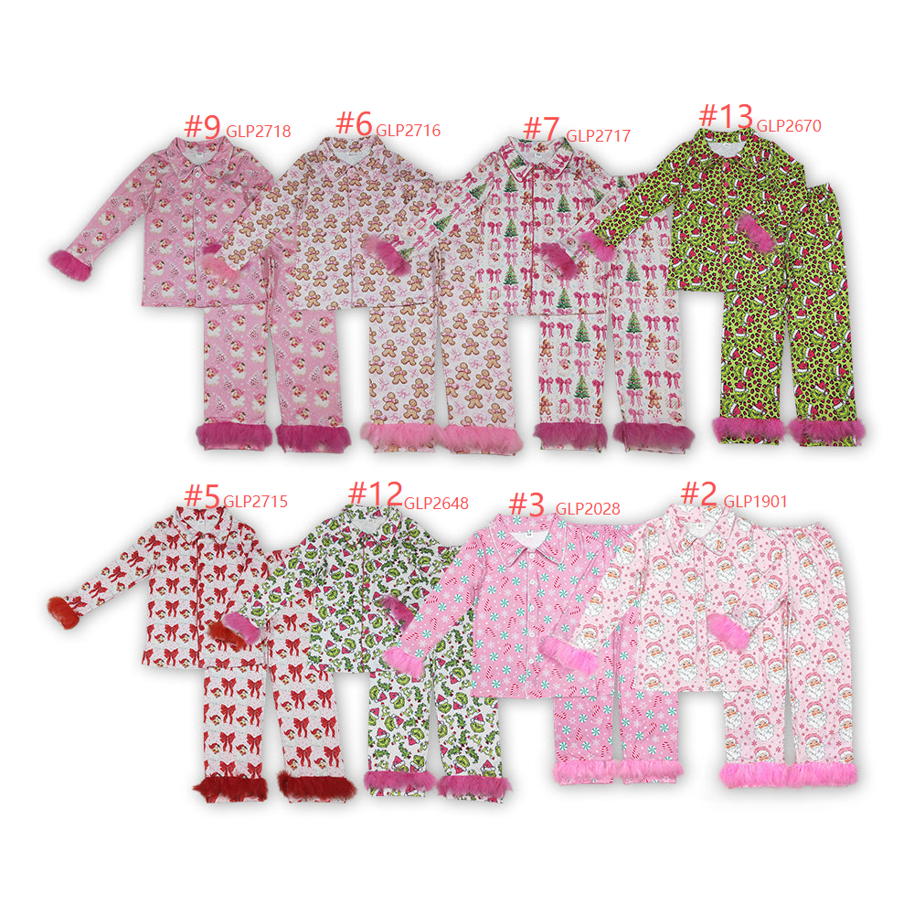 8 Prints Woman Christmas Buttons Fur Pajamas Clothes Set Family Matching Styles