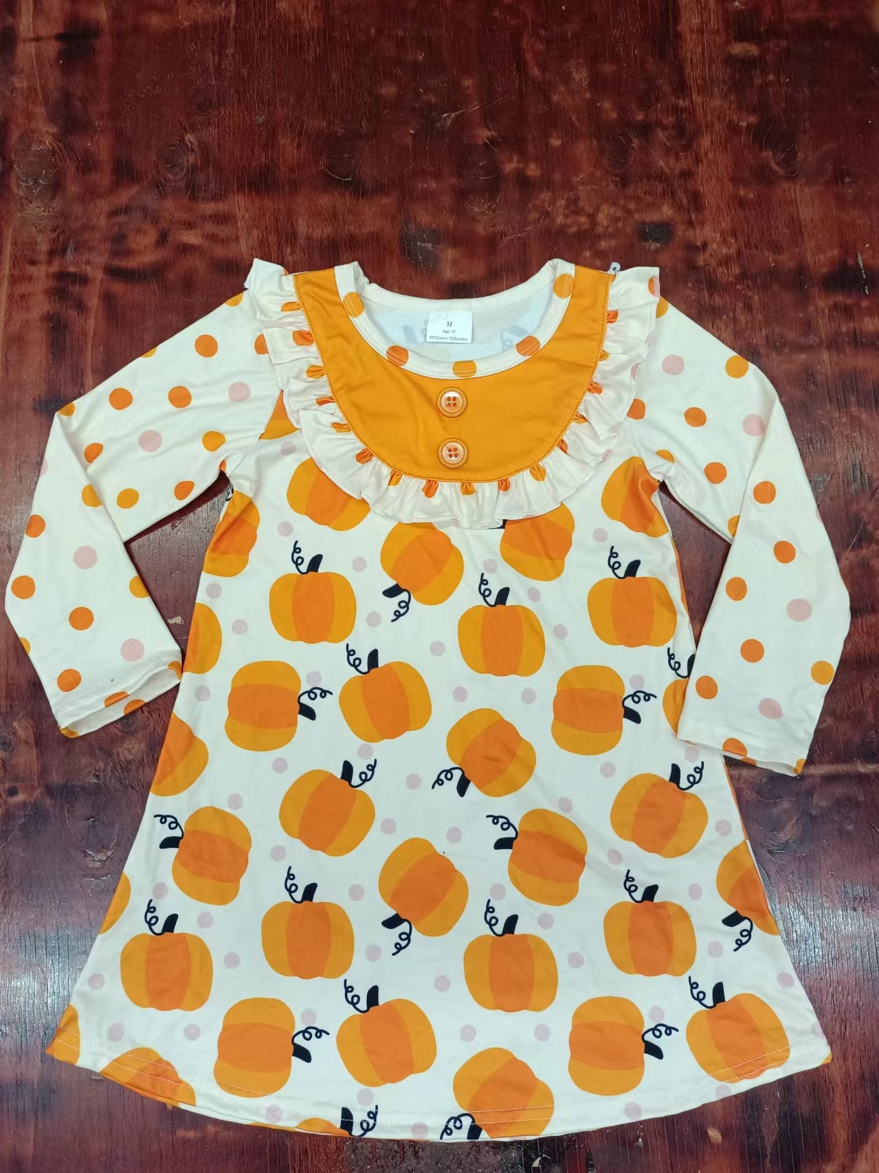 (Custom Design Preorder MOQ 5) Pumpkin Dots Print Girls Knee Length Fall Dress