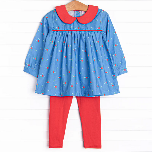 (Custom Design Preorder MOQ 5) Flowers Blue Tunic Top Red Pants Girls Fall Clothes Set