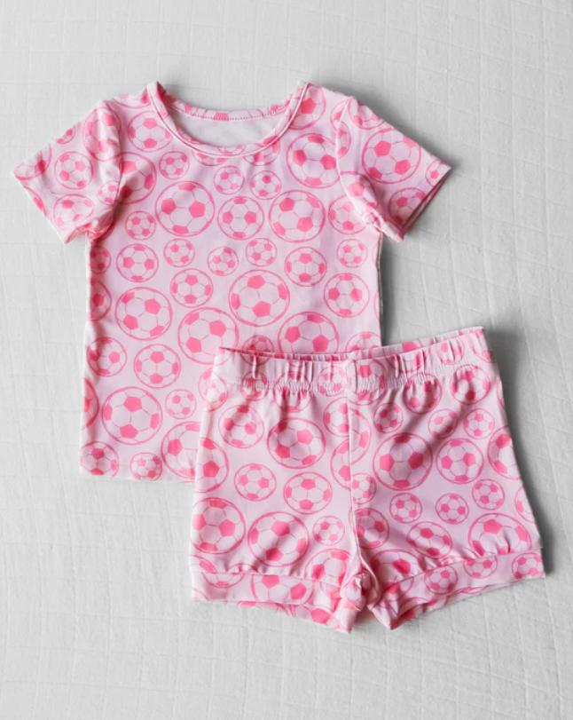 (Custom Design Preorder MOQ 5) Soccer Pink Print Girls Summer Pajamas Clothes Set