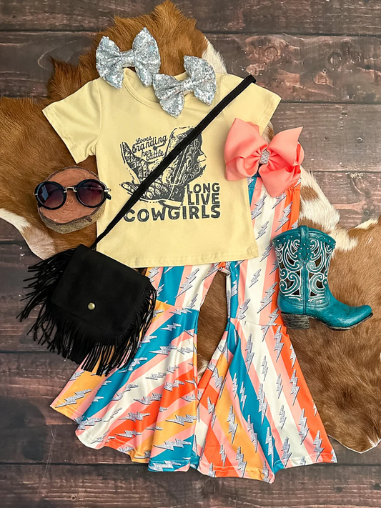 (Custom Design Preorder MOQ 5)  Cowgirl Boots Top Stripes Bell Pants Girls Western Clothes Set