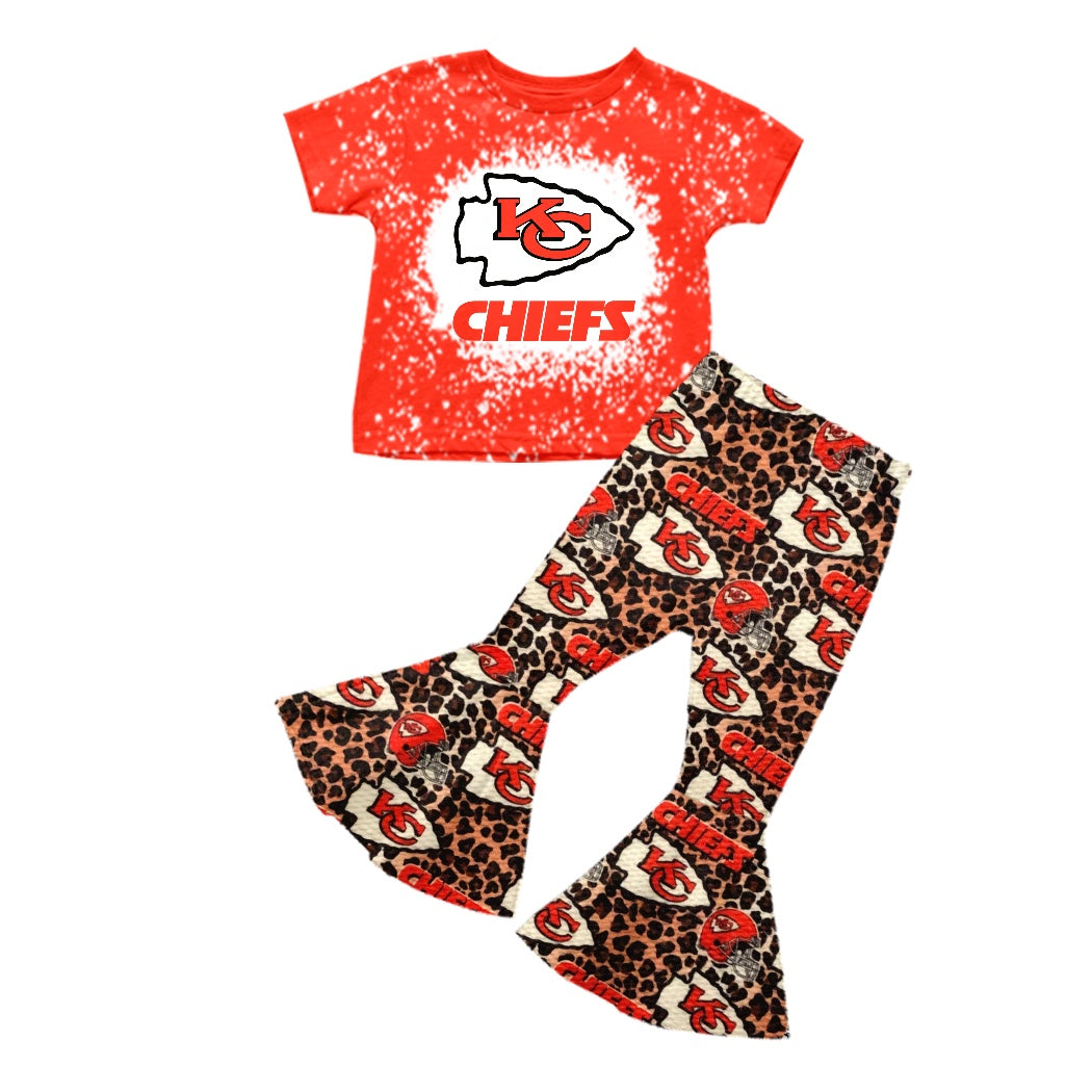 (Custom Design Preorder MOQ 5) Team's KC Red Top Leopard Bell Pants Girls Clothes Set