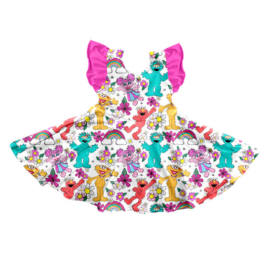 (Custom Design Preorder MOQ 5) Flowers Cartoon Figure Print Girls Knee Length Dress