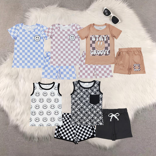 Smiling Face Plaid Shorts Kids Summer Clothes Set Sibling Wear