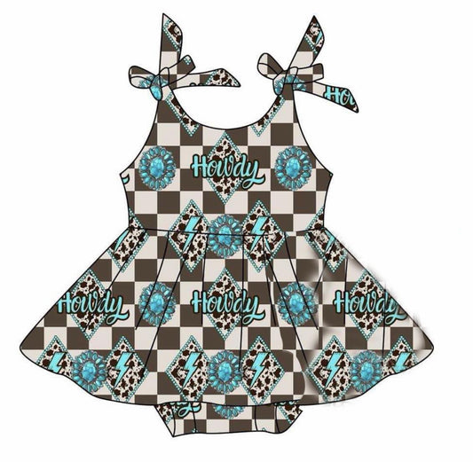 (Custom Design Preorder MOQ 5) Howdy Turquoise Plaid Print Western Baby Girls Summer Skirted Romper