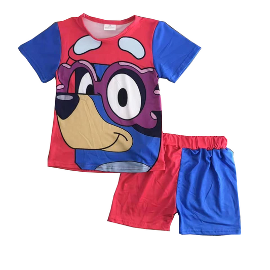 (Custom Design Preorder MOQ 5)  Cartoon Dog Red Print Kids Summer Clothes Set